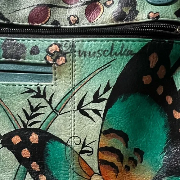 Anuschka Hand-Painted Butterfly Design Green Leather Tote - Picture 3 of 16